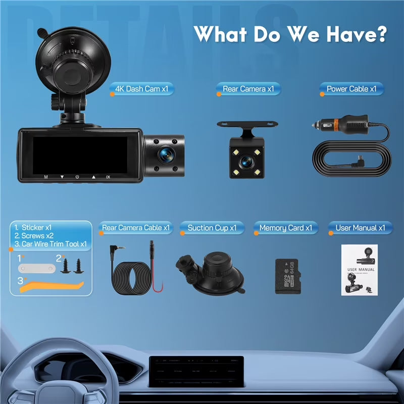 Dash Cam,3 Channel Dash Cam 4K 720P Dash Cam Front and inside Dash Camera with 64GB Card,Night Vision,G-Sensor,24Hr Parking,Triple Car Camera with IR Night Vision