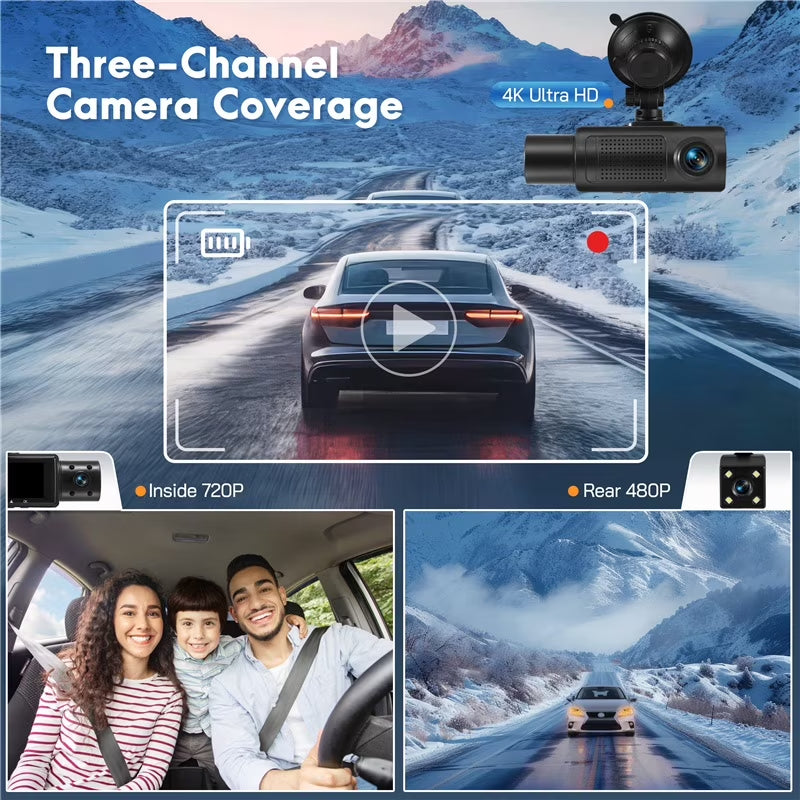 Dash Cam,3 Channel Dash Cam 4K 720P Dash Cam Front and inside Dash Camera with 64GB Card,Night Vision,G-Sensor,24Hr Parking,Triple Car Camera with IR Night Vision