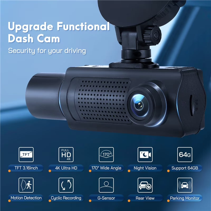 Dash Cam,3 Channel Dash Cam 4K 720P Dash Cam Front and inside Dash Camera with 64GB Card,Night Vision,G-Sensor,24Hr Parking,Triple Car Camera with IR Night Vision