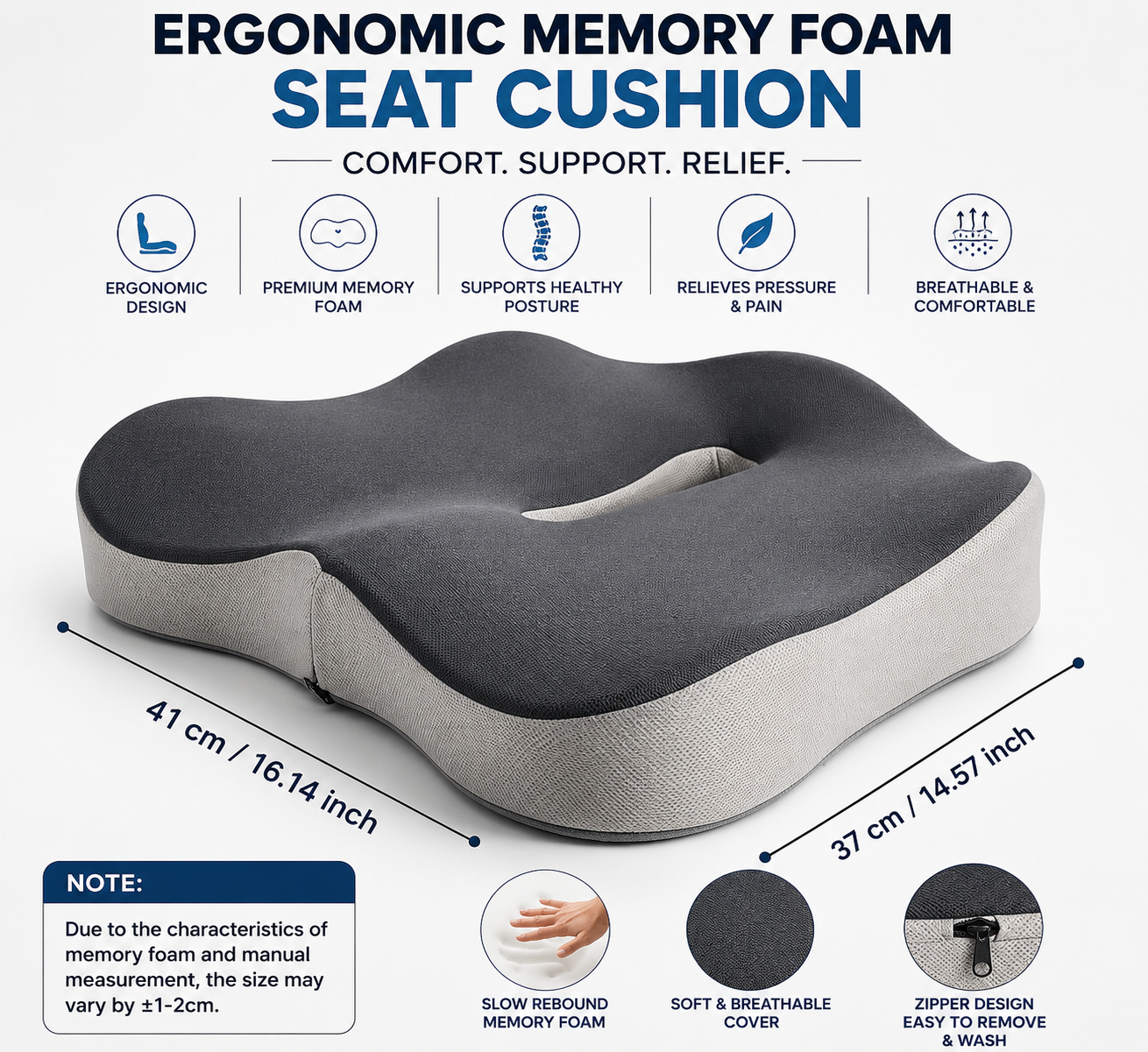 Ergonomic Memory Foam Seat Cushion for Office Chairs & Cars - Posture Support, Butt Pain Relief, Easyclean Material