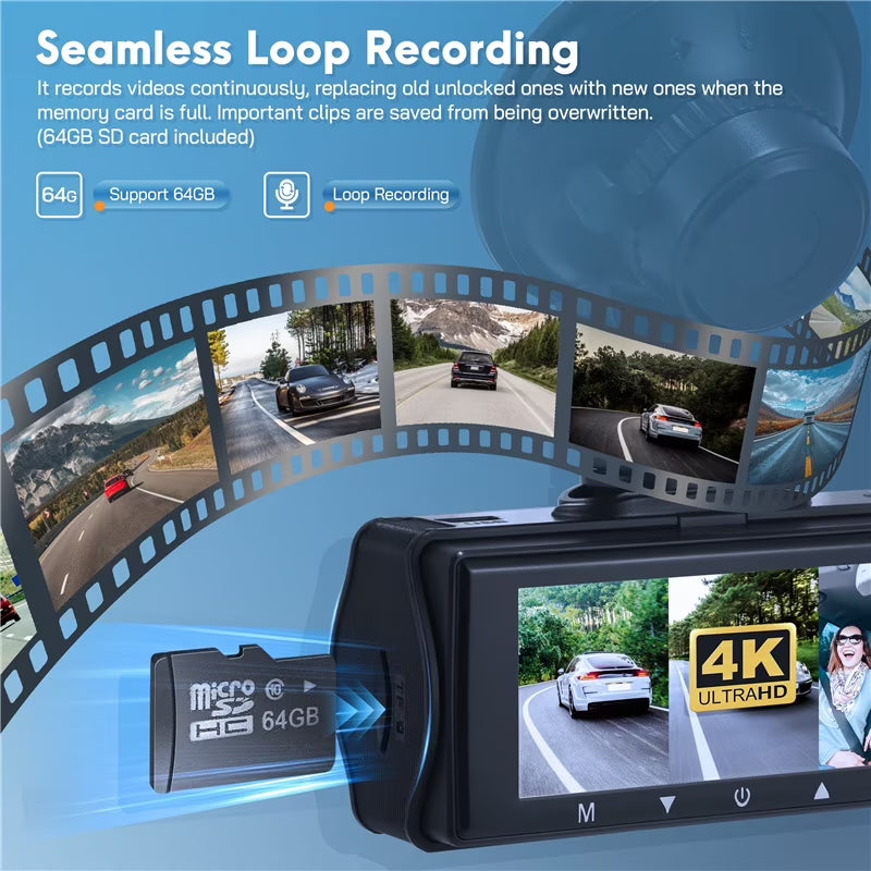Dash Cam,3 Channel Dash Cam 4K 720P Dash Cam Front and inside Dash Camera with 64GB Card,Night Vision,G-Sensor,24Hr Parking,Triple Car Camera with IR Night Vision